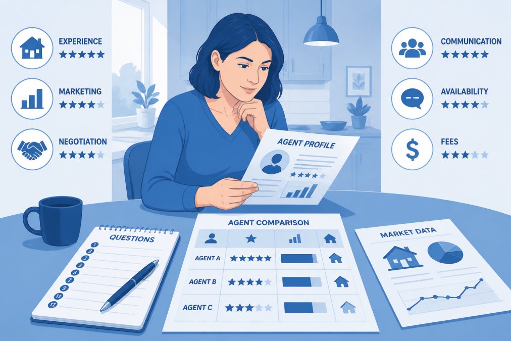 Homeowner sitting at kitchen table with printed documents, notepad, and pen, reviewing agent information with focused expression in natural morning light
