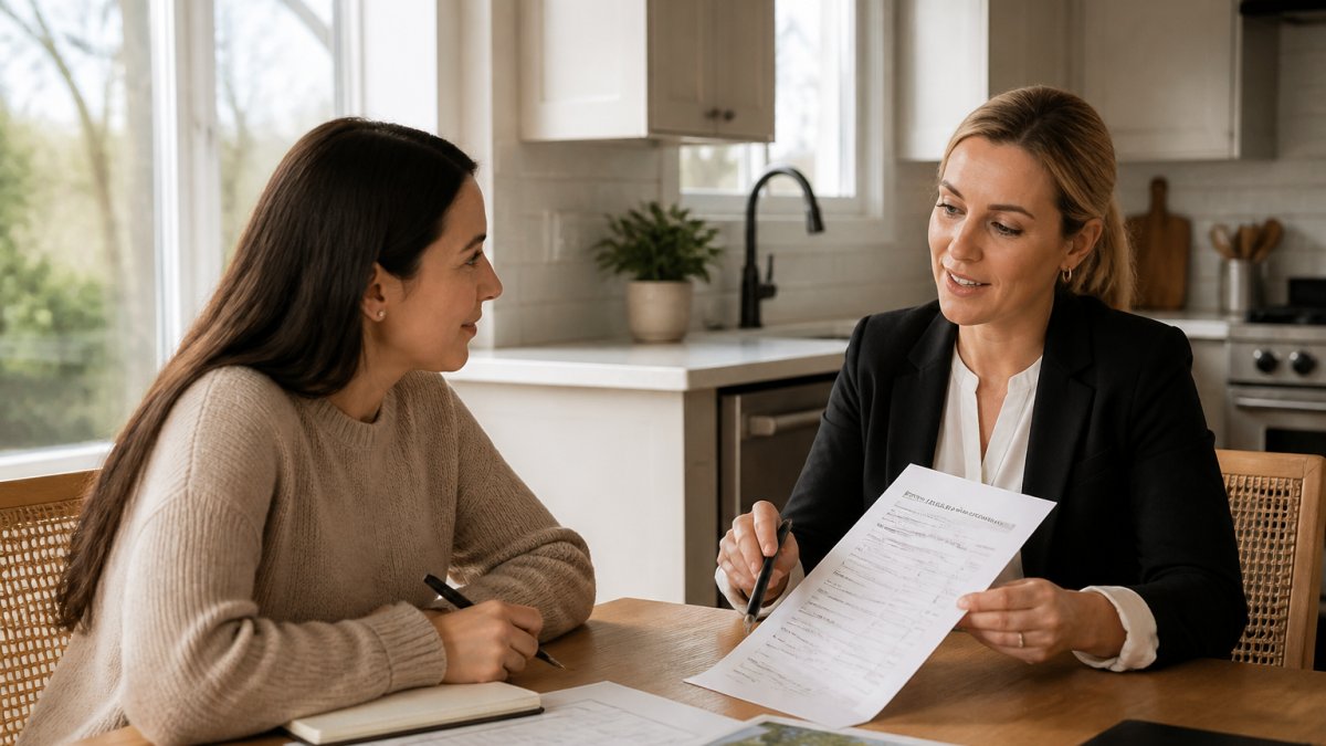 A homebuyer and a real estate agent sitting across from each other at a kitchen table, reviewing a printed checklist and taking notes in a bright, modern home office