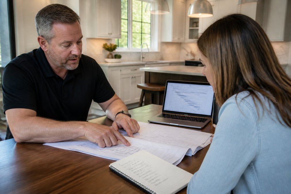 Process flowchart for homeowners to interview custom home builders while reviewing blueprints and project timelines.