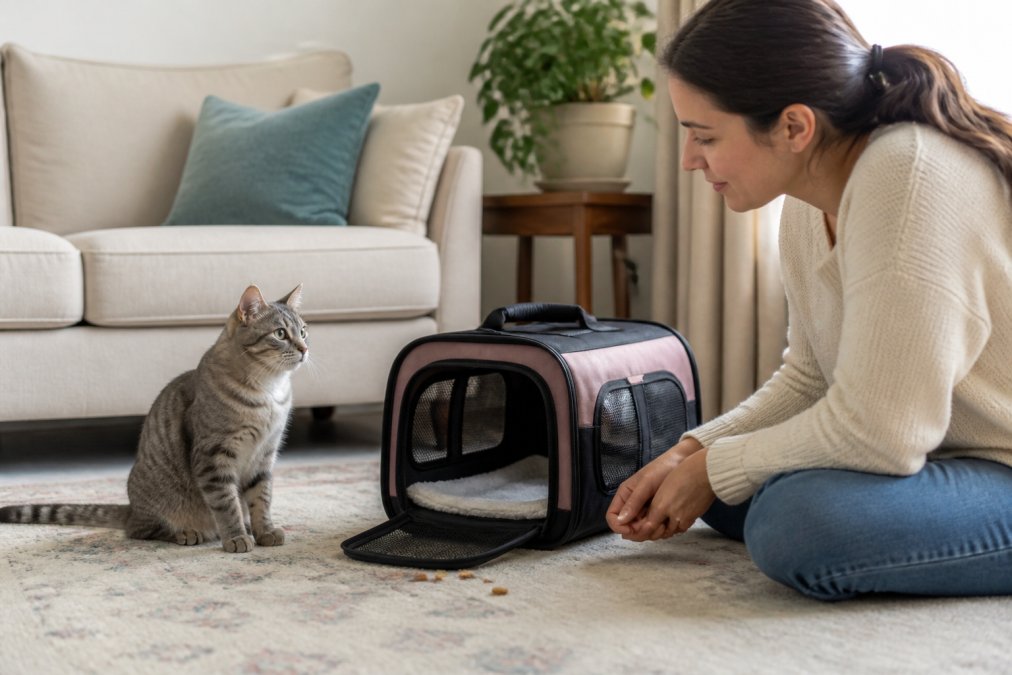 A calm cat sits by an open soft-sided carrier with treats while a person sits nearby on the living room floor.