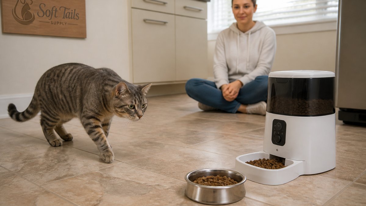 A cautious cat approaching a small automatic feeder on a kitchen floor, with a food bowl of dry food nearby and a person sitting calmly at a distance, watching without reaching toward the cat
