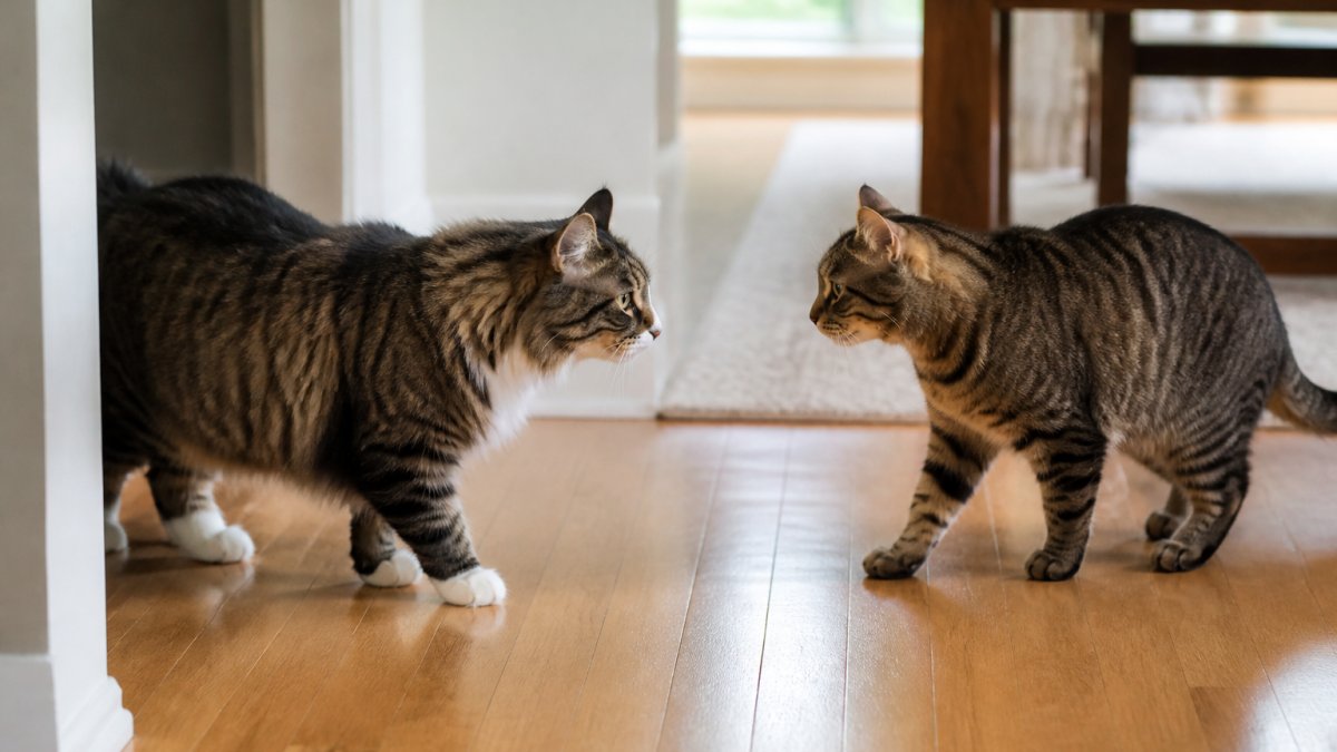 Two cats approaching each other cautiously with relaxed body posture, ears forward, in a calm home setting with soft natural lighting