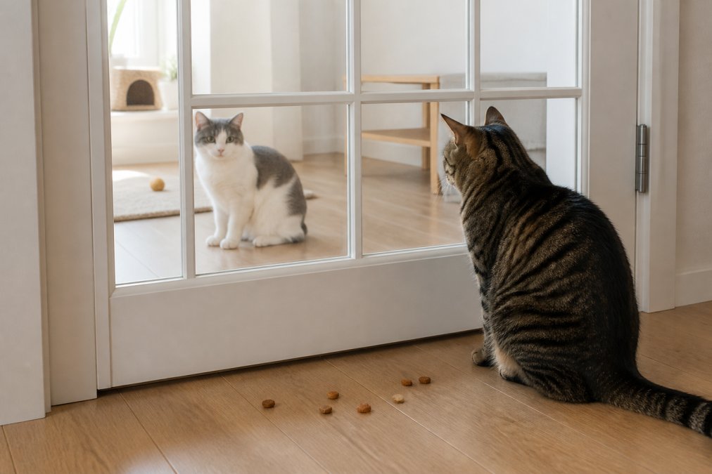 How to Introduce a New Cat to Apartment Living 2 A glass French door in a bright apartment with a cat sitting calmly on each side, watching each other through the glass with treats scattered nearby on the floor