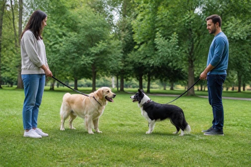 Two dogs on leashes meeting calmly in a park while their owners watch nearby