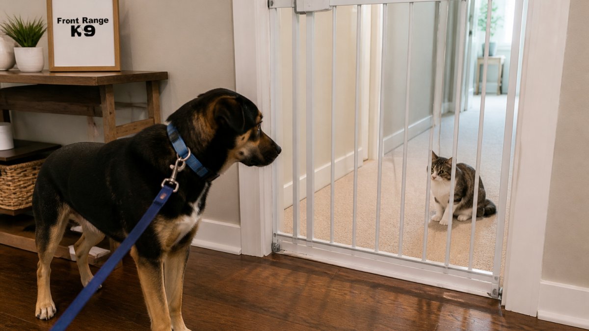A dog and cat separated by a baby gate in a home hallway, the dog on leash and calm, the cat observing from a safe distance on the other side with alert body language