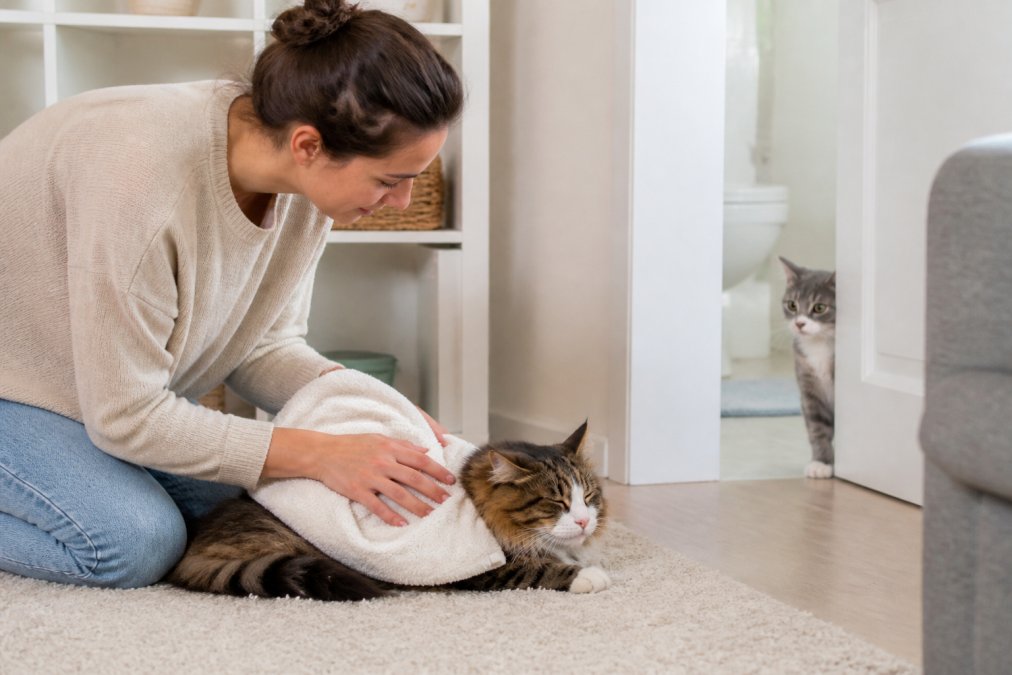 Person rubbing a blanket on a resident cat to learn how to introduce a new kitten to cats safely through scent swapping.