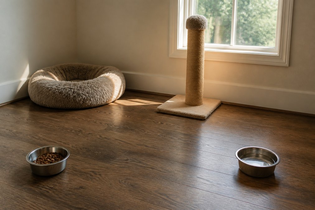 A quiet, sunlit room with a plush self-warming cat bed in the corner, a food bowl and water bowl placed several feet apart, and a tall scratching post near a window