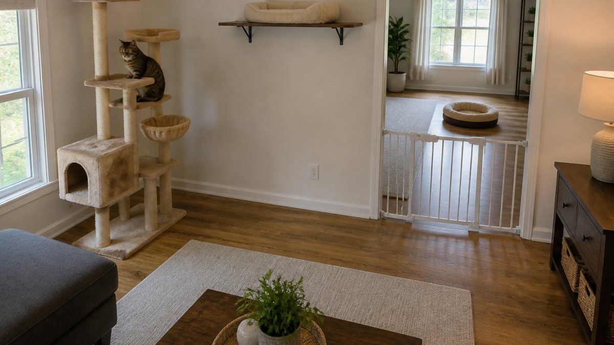 Living room prepared with a tall cat tree, high shelves, and a baby gate to separate pet areas.