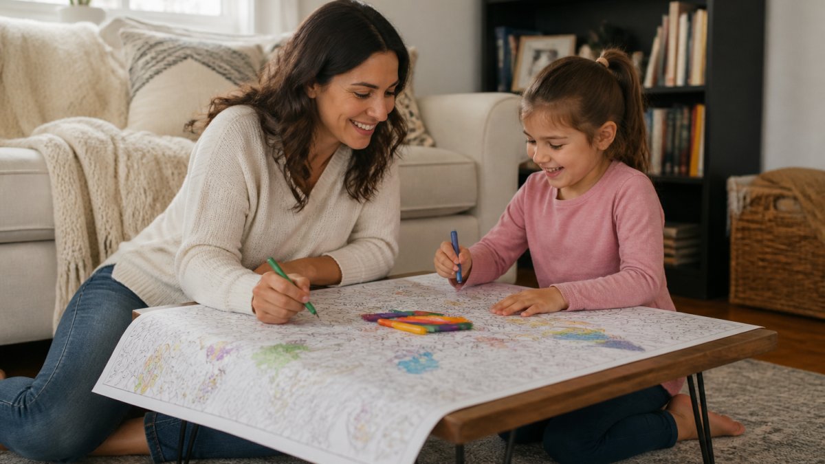 A parent sitting on the floor with a young child, rolling out a large coloring sheet on a low table, both smiling and holding crayons, warm natural light in a cozy living room