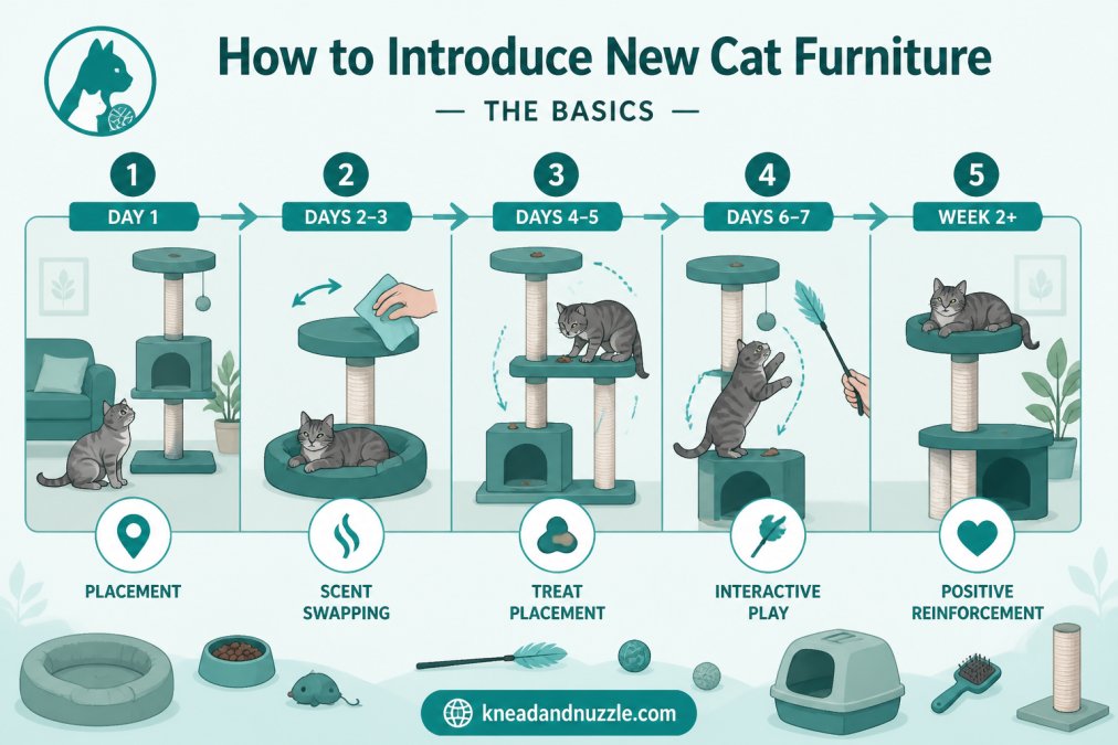 5-step timeline to introduce new cat furniture through scent swapping, treats, and positive reinforcement.