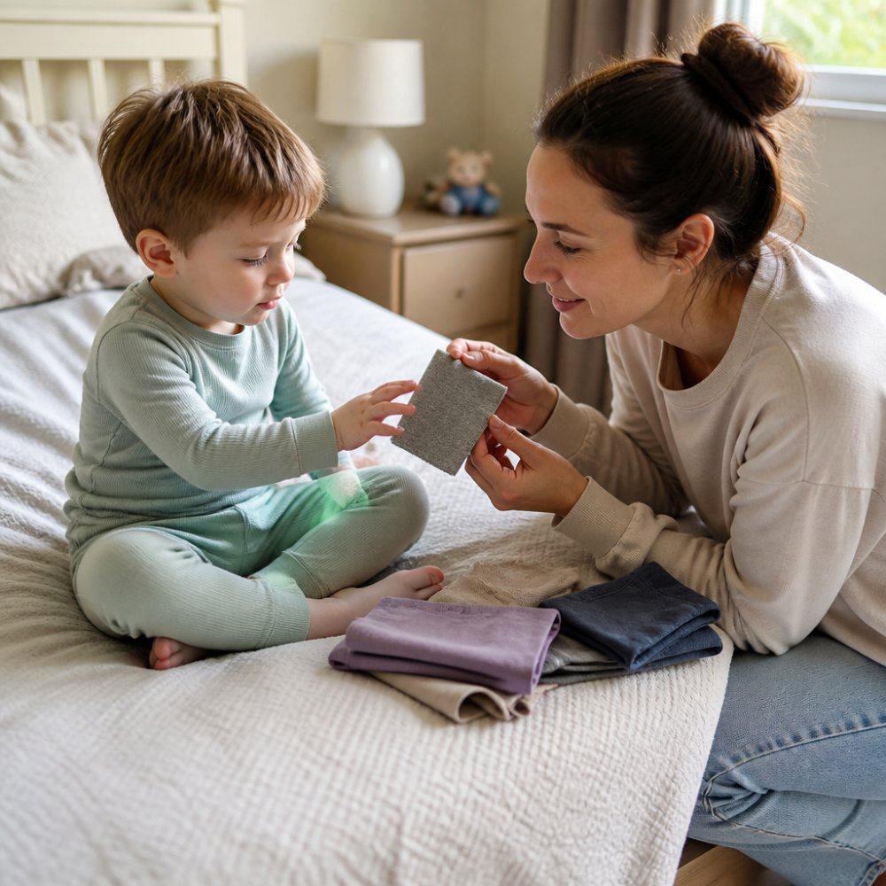 A parent kneeling beside a young child in a bright bedroom, gently holding a soft fabric swatch near the child's hand as the child reaches to touch it, with folded sensory-friendly clothes on the bed nearby