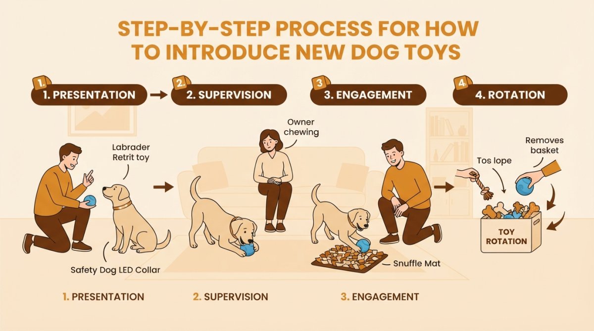 Dog owner presenting a new plush toy to their golden retriever in a bright living room, the dog's ears perked forward with curiosity and soft body language