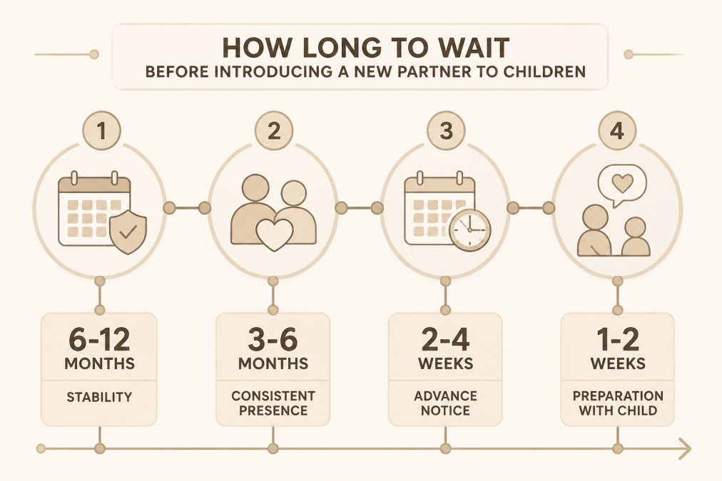 Timeline showing recommended waiting periods: 6-12 months of relationship stability, 3-6 months of consistent presence, 2-4 weeks advance notice to co-parent, 1-2 weeks preparation with child