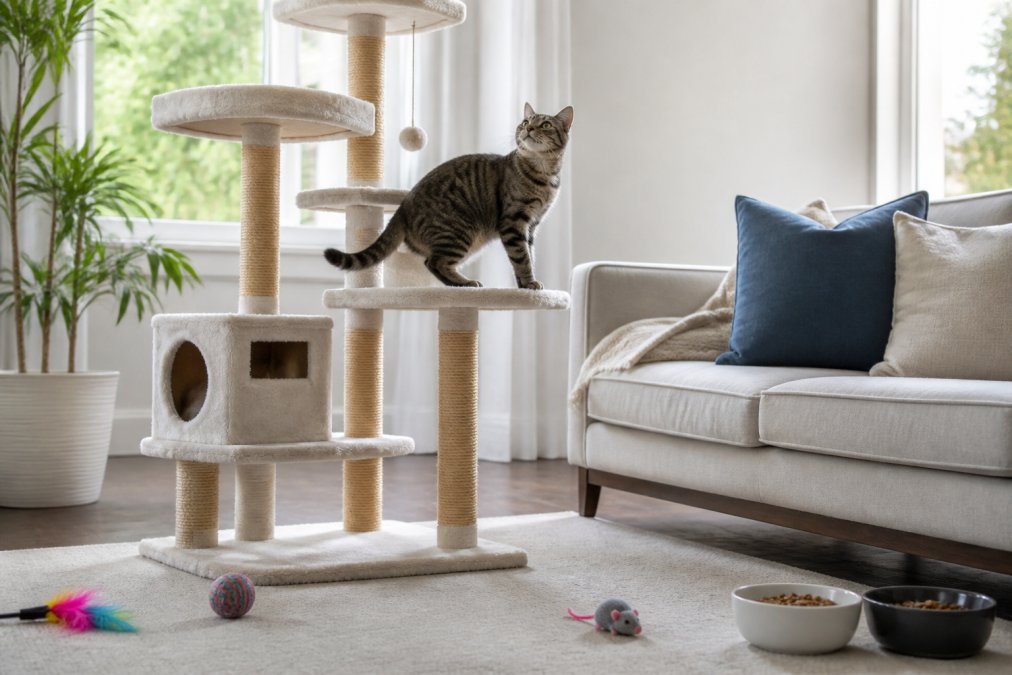 A curious cat exploring a tall cat tree with multiple perches and hiding spots in a bright living room, with treats and toys nearby on the floor