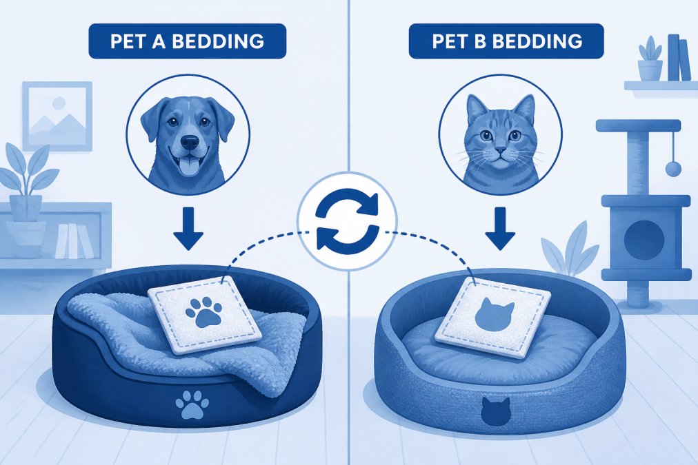 Two pet bedding items side by side showing scent exchange materials in a home setting