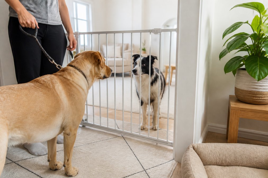 Two dogs meeting face-to-face through a sturdy baby gate in a bright living room, with an owner holding one dog's leash in a calm, controlled posture