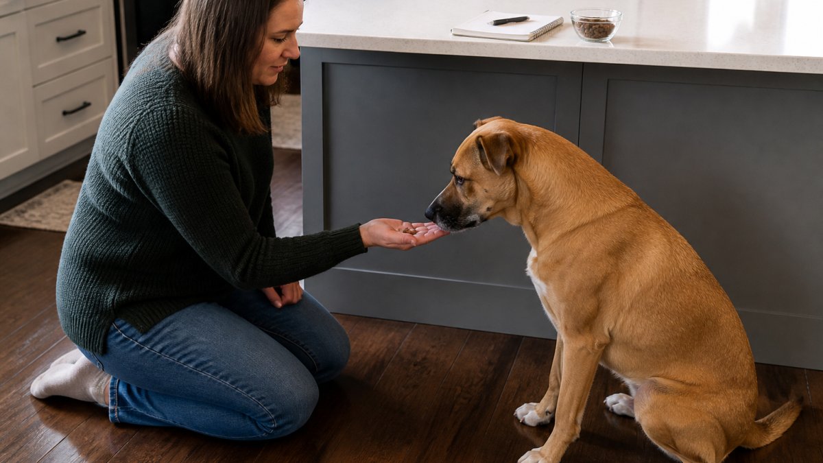A dog owner kneeling on a kitchen floor offering a single small treat from an open palm to a calm medium-sized dog, with a small notebook and pen resting on the counter nearby