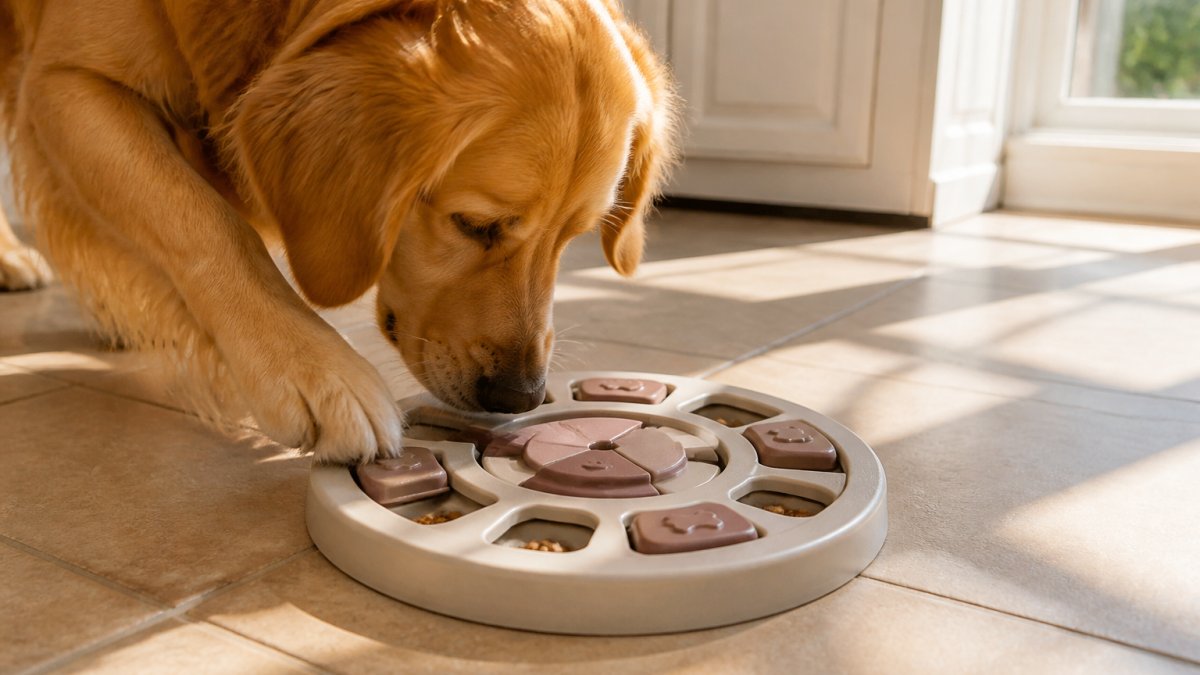A golden retriever's nose and paw interacting with a puzzle feeder on a kitchen tile floor, with kibble visible inside the compartments, the dog actively exploring the sliding covers and turning wheel with natural sunlight streaming through a window