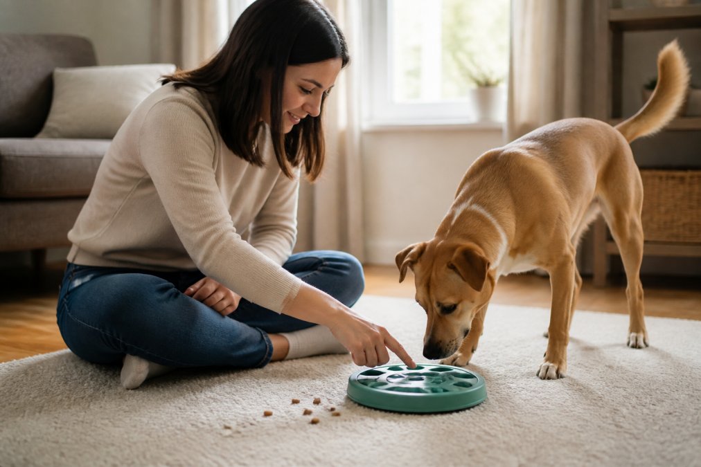 A pet parent sitting cross-legged on a living room rug, gently guiding a medium-sized dog's nose toward a rubber treat-dispensing puzzle toy, treats scattered on the floor nearby, warm afternoon light through a window, dog's tail mid-wag