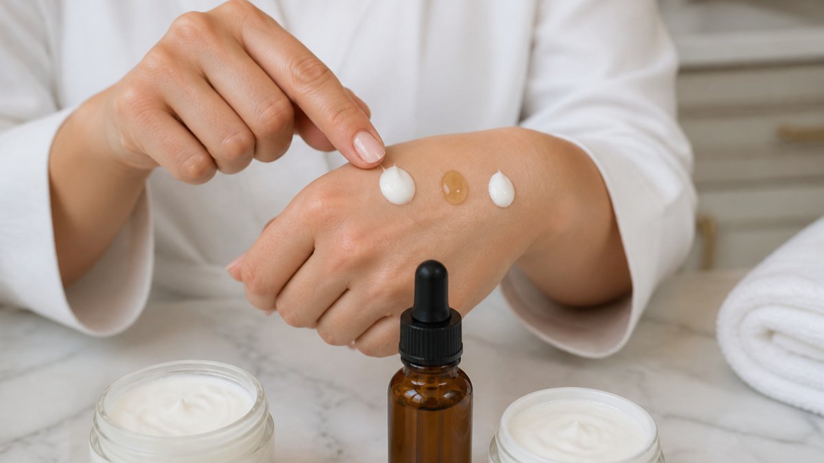 Professional demonstrating how to layer skincare products on the back of the hand, showing moisturizer application, retinol serum drop, and final moisturizer layer in sequence on skin