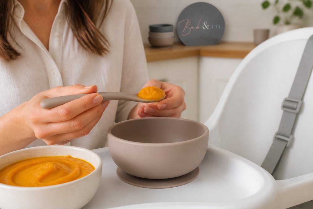 Parent’s hands loading mashed pumpkin onto a soft-tip silicone spoon over a suction bowl on a highchair tray