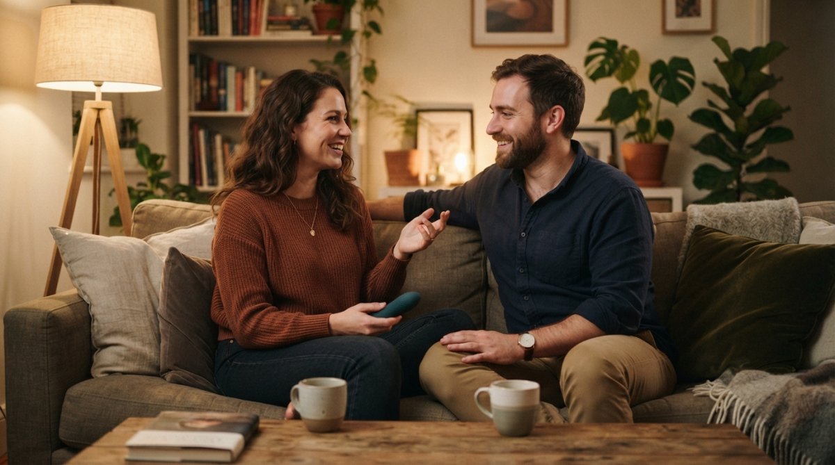 A relaxed couple sitting together on a couch in a cozy living room, having an intimate conversation with comfortable body language and genuine smiles, warm lighting from a nearby lamp