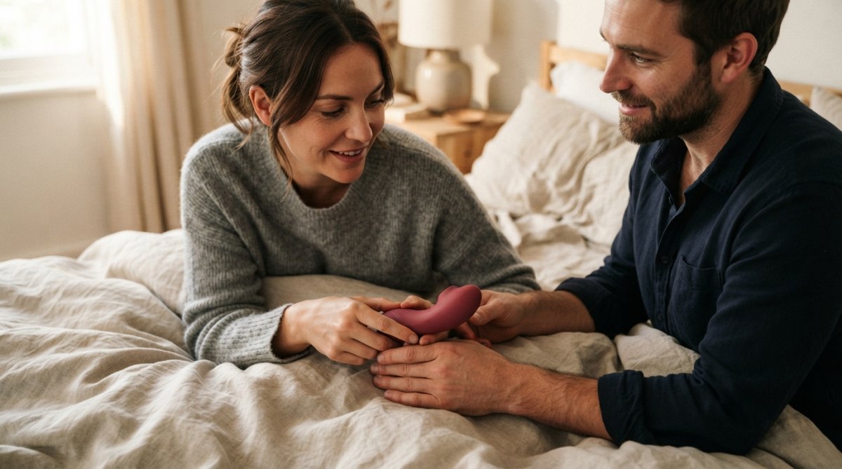 Close-up of hands exploring a sleek, elegant beginner toy on soft bedding, emphasizing smooth texture and thoughtful design in warm, intimate lighting