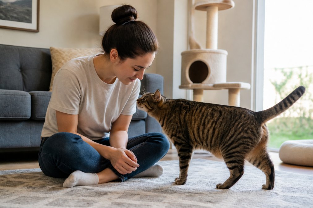 Professional pet sitter sitting calmly on floor at cat's level in bright living room, allowing curious tabby cat to approach and sniff, showing gentle interaction and patience