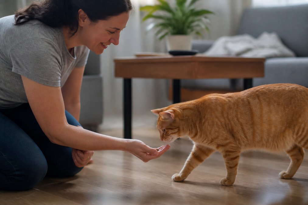 Pet sitter offering small treat from hand to orange tabby cat in home setting with warm natural lighting, cat showing trust with relaxed body and forward ears