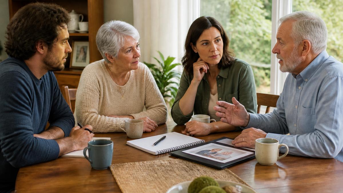 A family gathered around a dining table with a notebook, coffee cups, and a laptop, talking through care plans for an older parent, warm natural light through a window