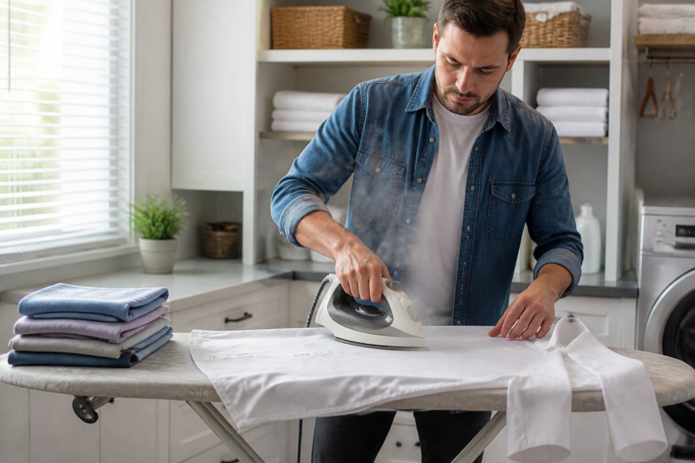Person using a steam iron to press a crisp white dress shirt on an ironing board in a bright laundry room
