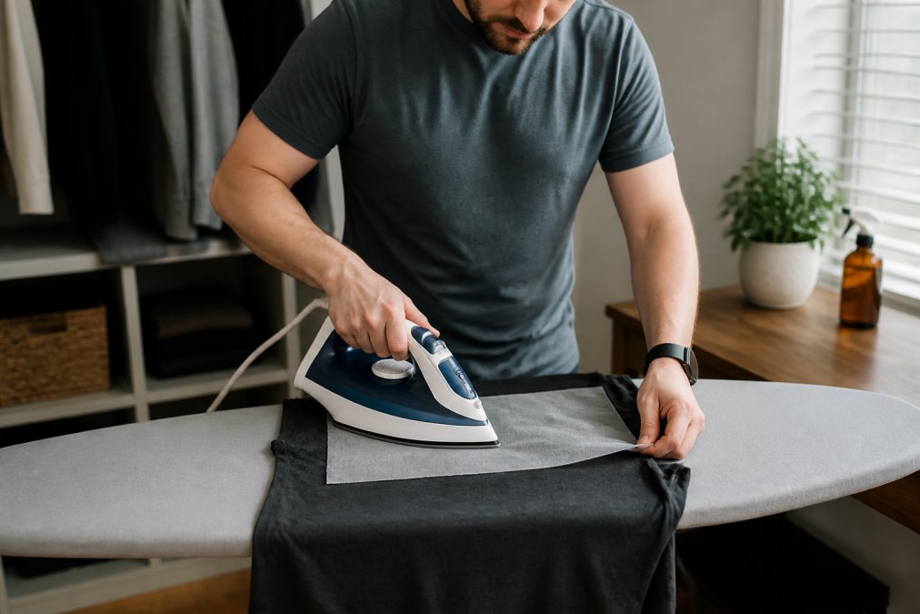 A person carefully ironing a graphic t-shirt on an ironing board, shirt turned inside out with a thin pressing cloth over the printed area, iron set to low heat, clean well-lit workspace