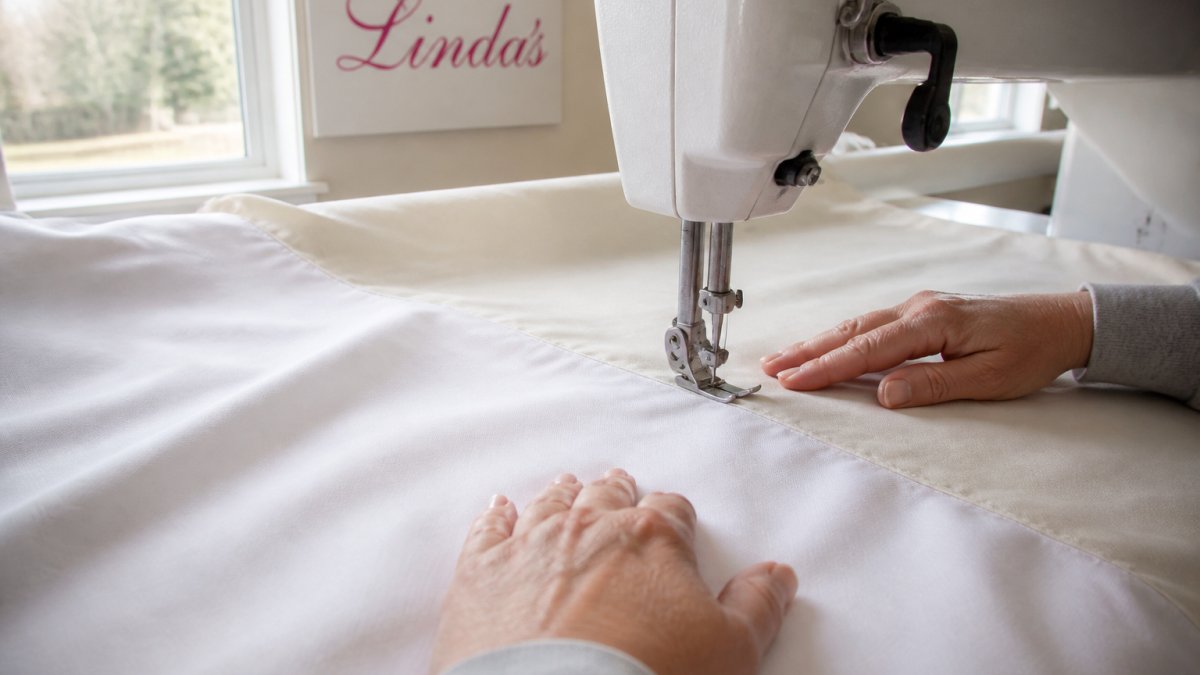 Quilter guiding two pieces of fabric right sides together under a sewing machine presser foot