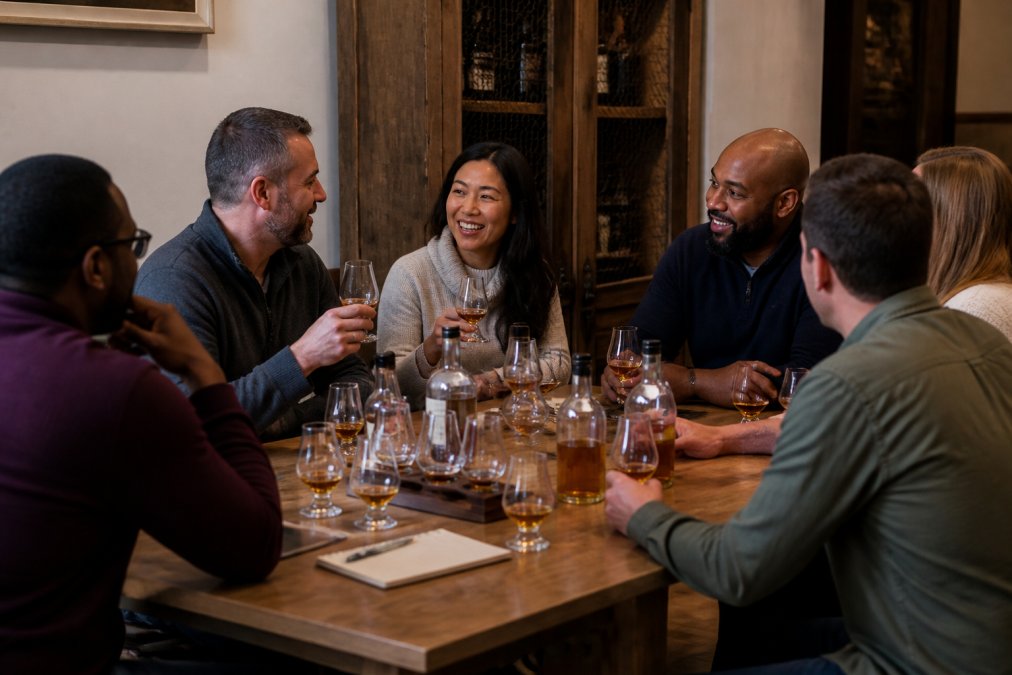 Infographic process for joining local bourbon groups with tasting steps and social discussion tips