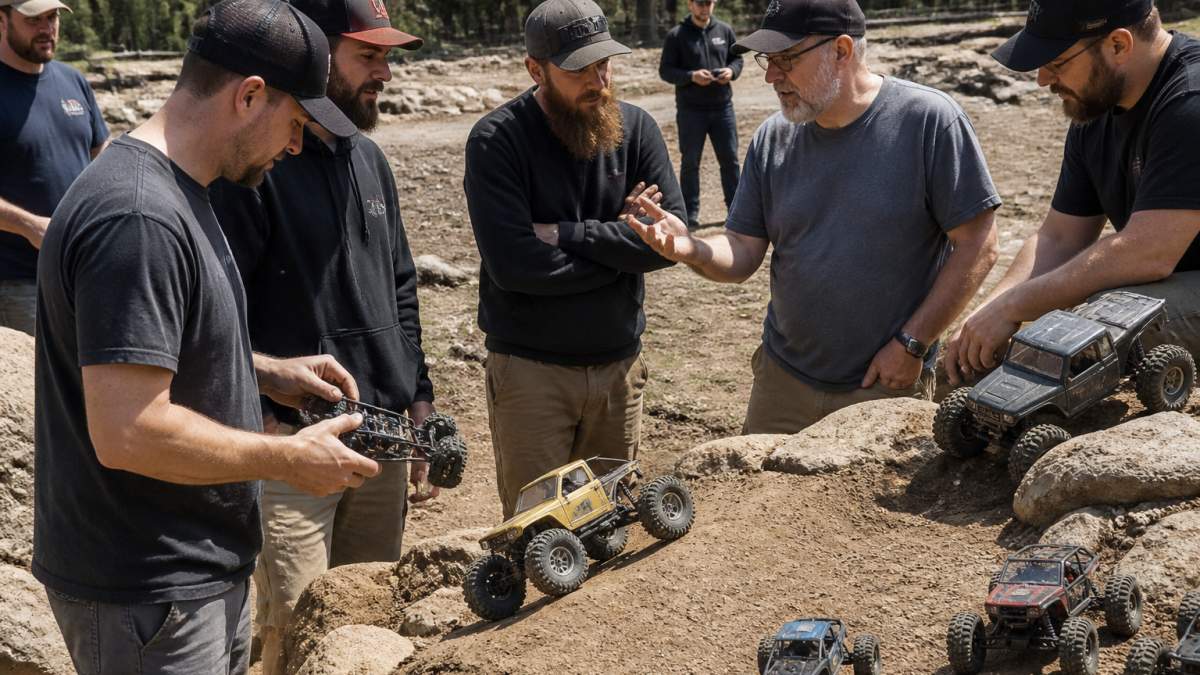 RC enthusiasts gathered around an outdoor dirt course discussing scale crawler chassis setups and terrain navigation.