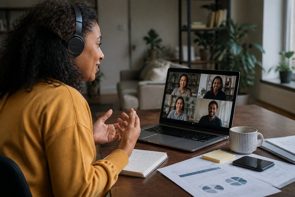 Diverse Ethiopian diaspora members participating in a virtual online dialogue session, viewing screens and engaged in conversation with warm ambient lighting