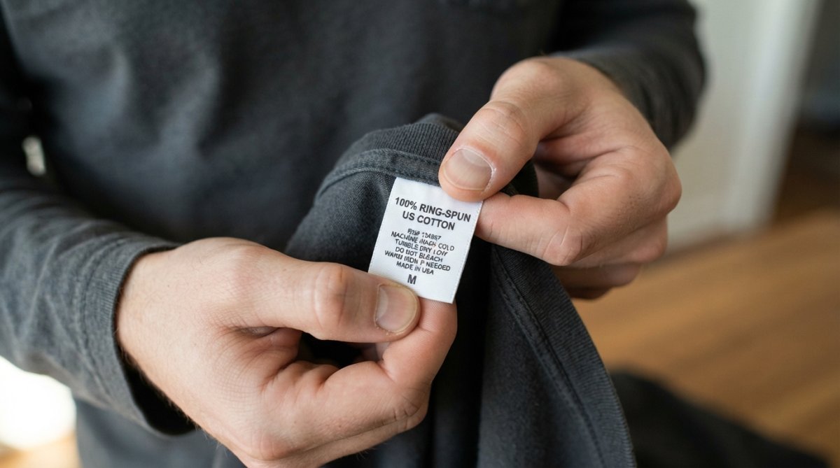 Close-up showing a clothing label with fiber content to help judge fabric quality online by checking material.