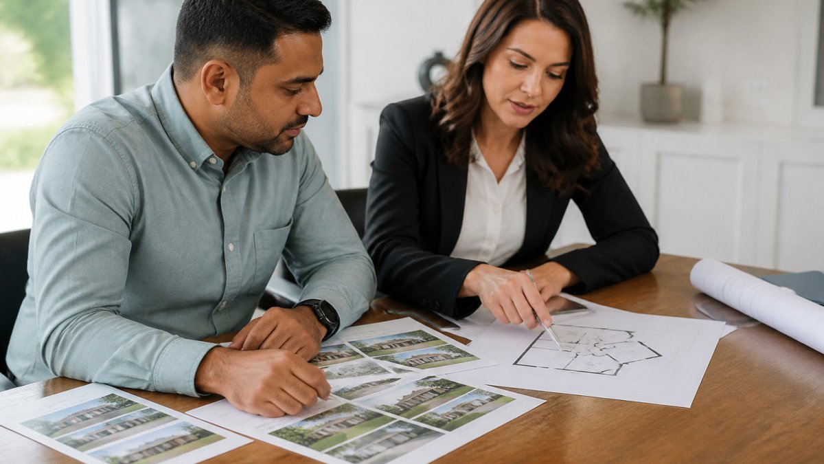 Buyer and advisor reviewing off-market property floor plans and comparable sales data at an office table
