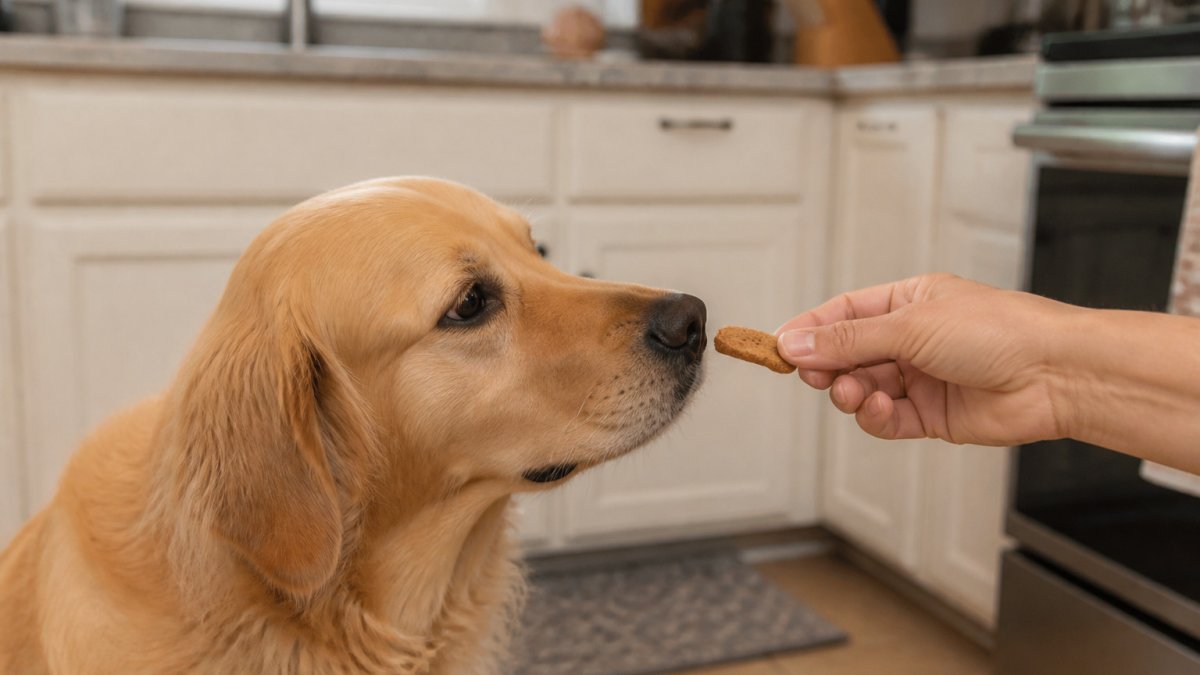 Golden retriever sniffing a crunchy treat held by an owner in a bright kitchen