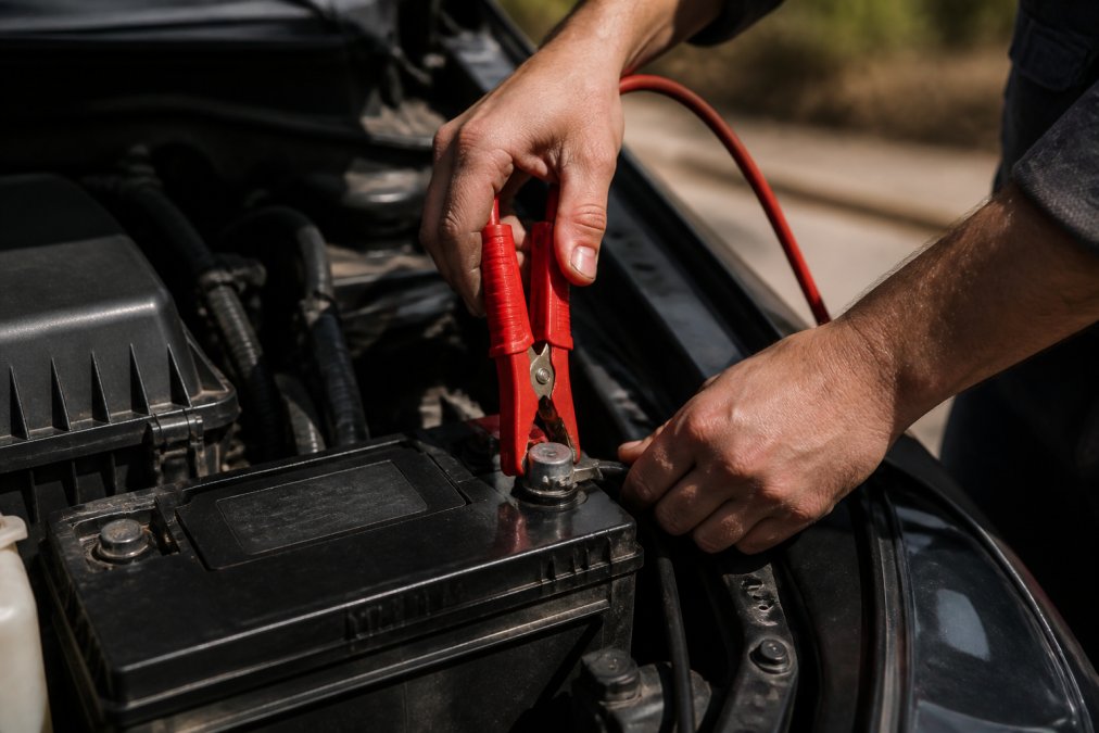 Technician's hands connecting red jumper cable clamp firmly to the positive battery terminal, metal post visible with cable secured in bright daylight
