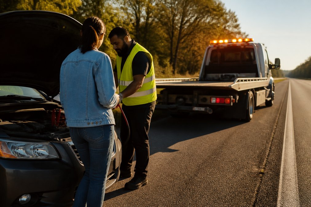 Tow truck with emergency lights parked roadside next to a disabled vehicle, Neptune Towing technician in safety vest assisting a driver in bright afternoon light