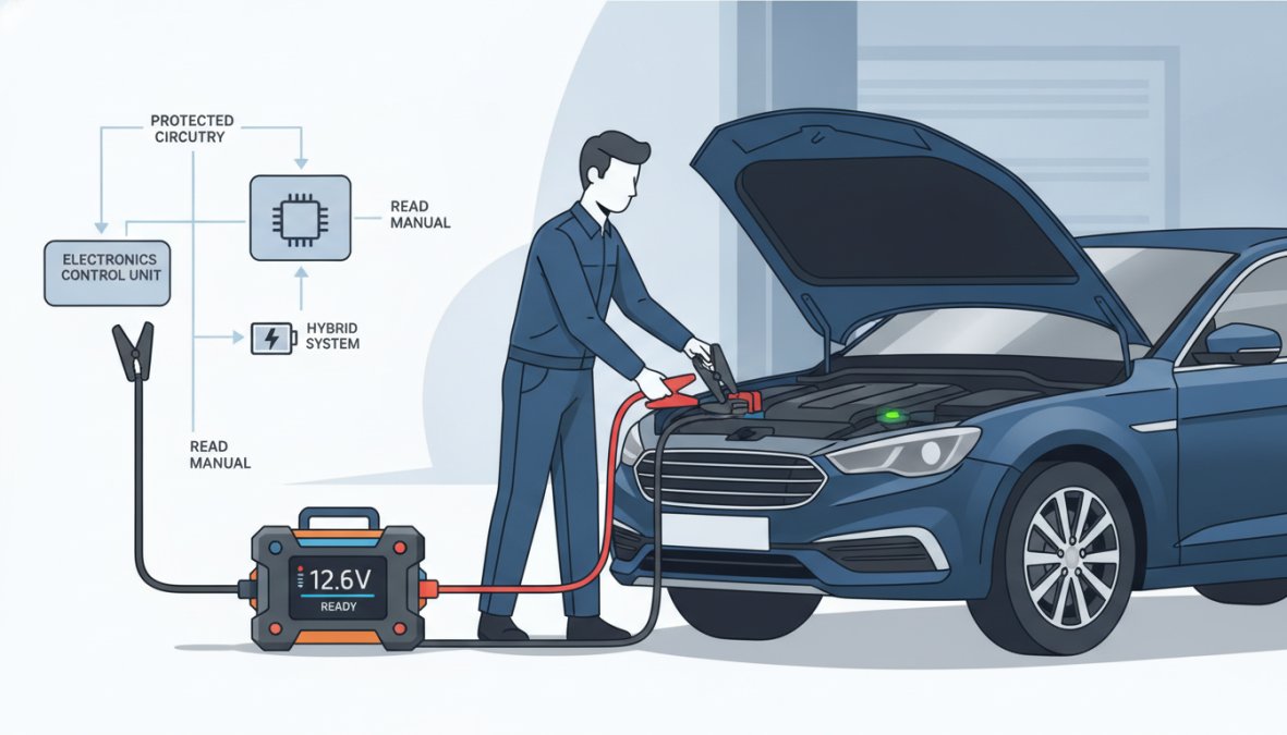 Professional illustration showing how to jump start dead battery
