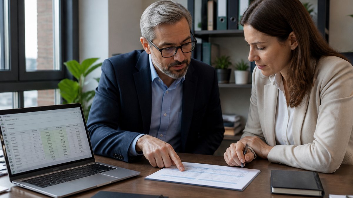 Finance director and product manager reviewing a spreadsheet to justify bank API costs and savings.