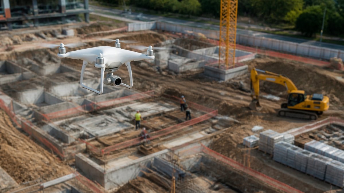 Drone hovering above active construction site with heavy equipment, workers, and foundation work visible below, capturing the full site layout and progress stage