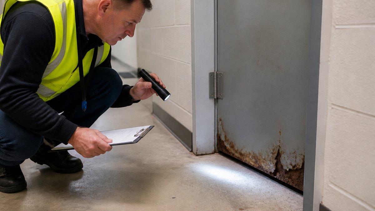 Facility manager inspecting a rusted steel door frame with a flashlight and clipboard in a commercial hallway
