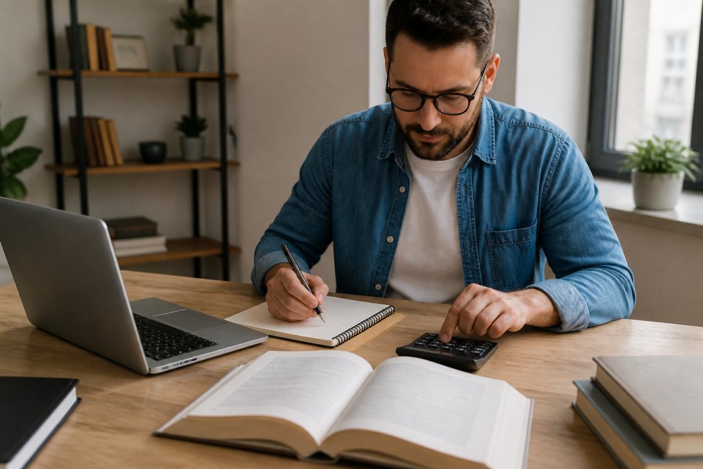 A professional sitting at a clean desk with a laptop open to a spreadsheet, calculator, and notebook, writing notes while reviewing course materials in a bright home office
