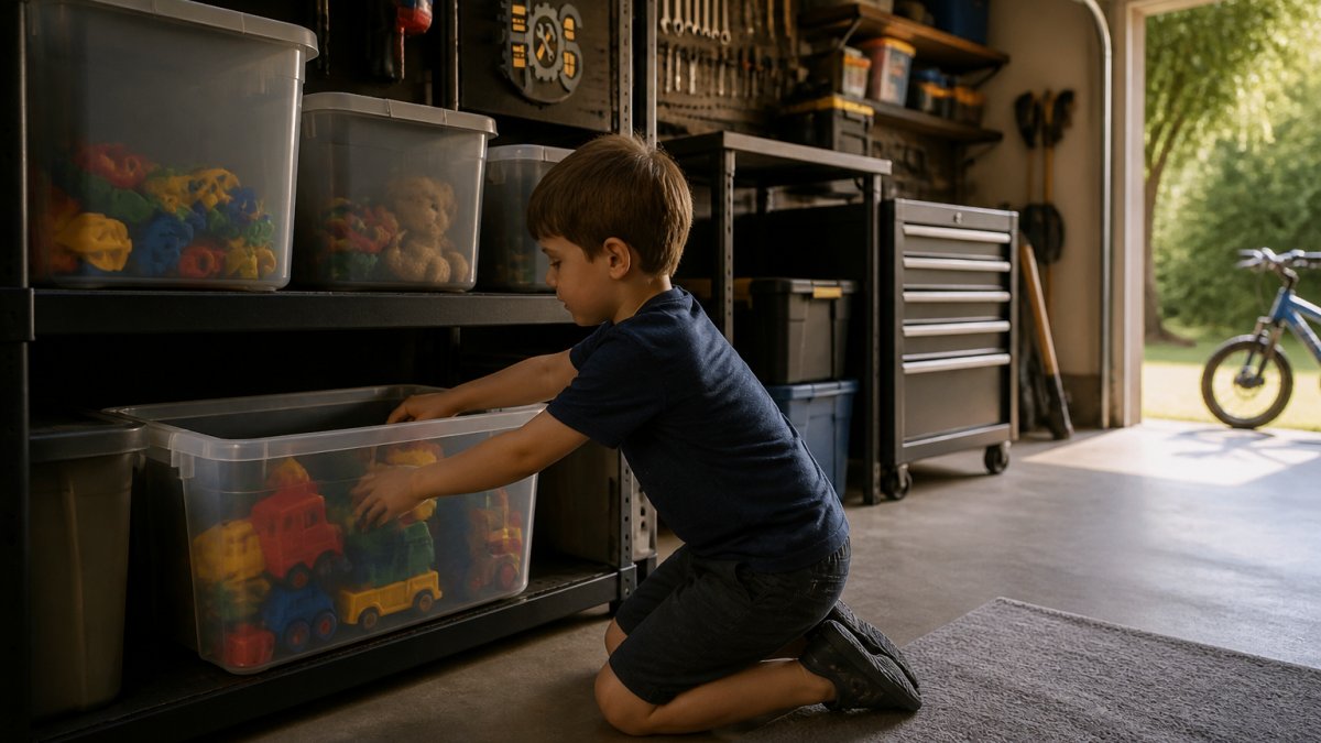 Child reaching into a labeled storage bin full of toys on a low garage shelf with stacked containers nearby
