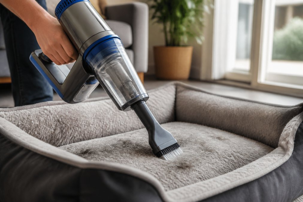 Person using a handheld vacuum with an upholstery attachment to remove pet hair from a plush fabric bed