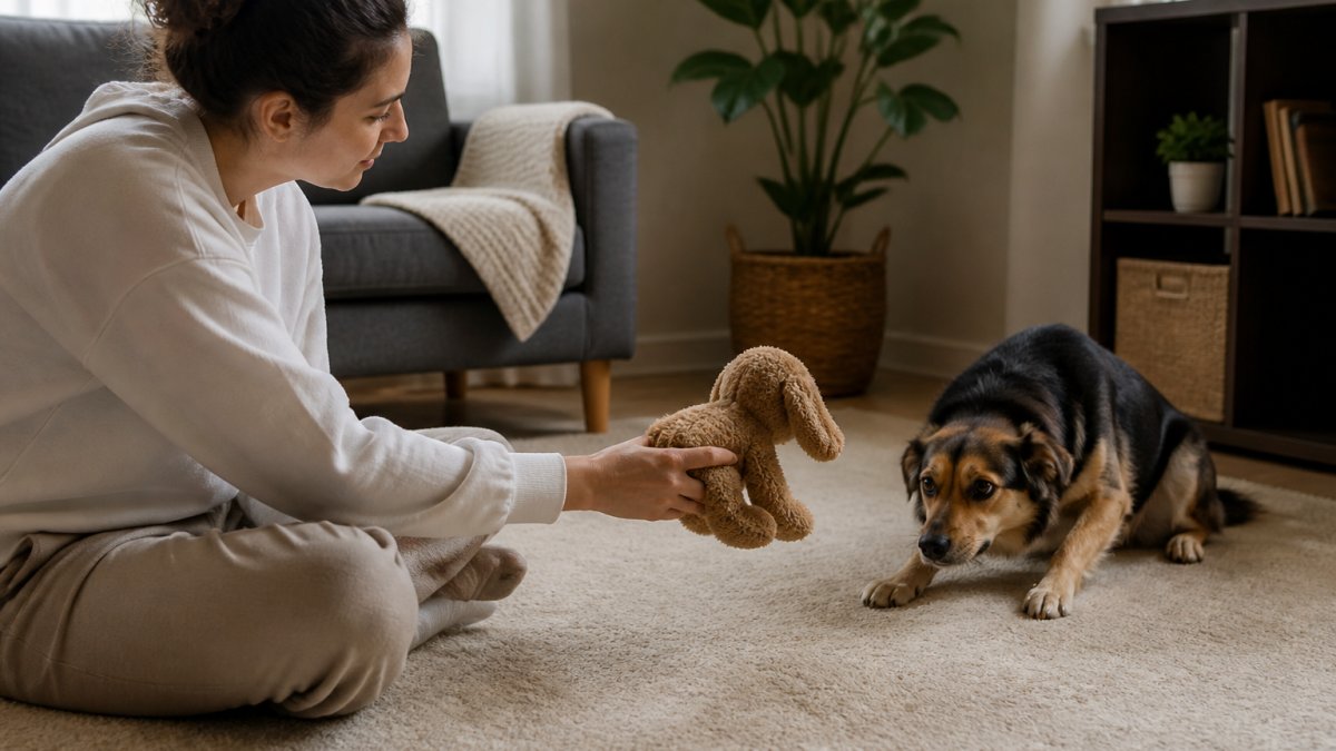 Owner gently playing with a nervous dog using a soft toy in a calm, quiet home setting