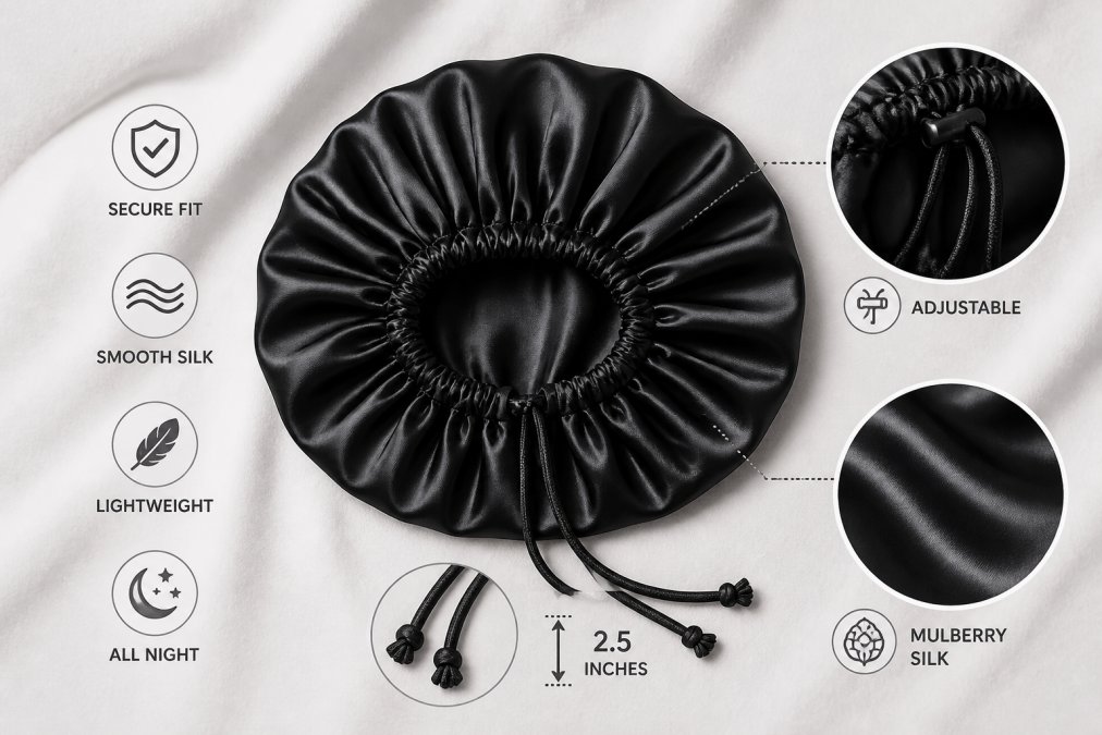Close-up of a luxurious onyx-black mulberry silk bonnet laid flat on a white linen surface, showing the adjustable drawstring and smooth, lustrous silk fabric in detail